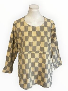 PO-EM Cotton Scoop Neck 2/3 Sleeves Sala Square Block-Print XS